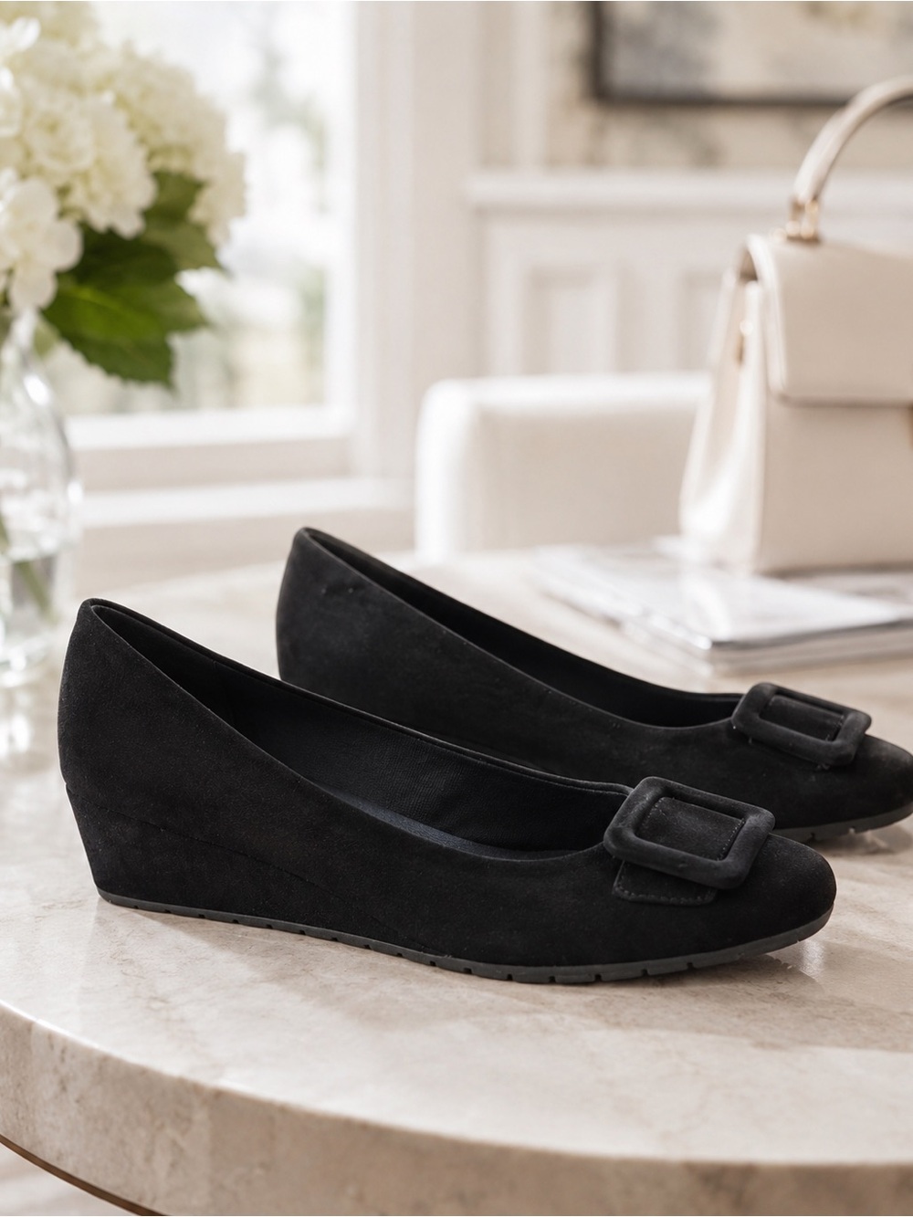 Anne Klein Black Suede Wedge Flats with Buckle Accent